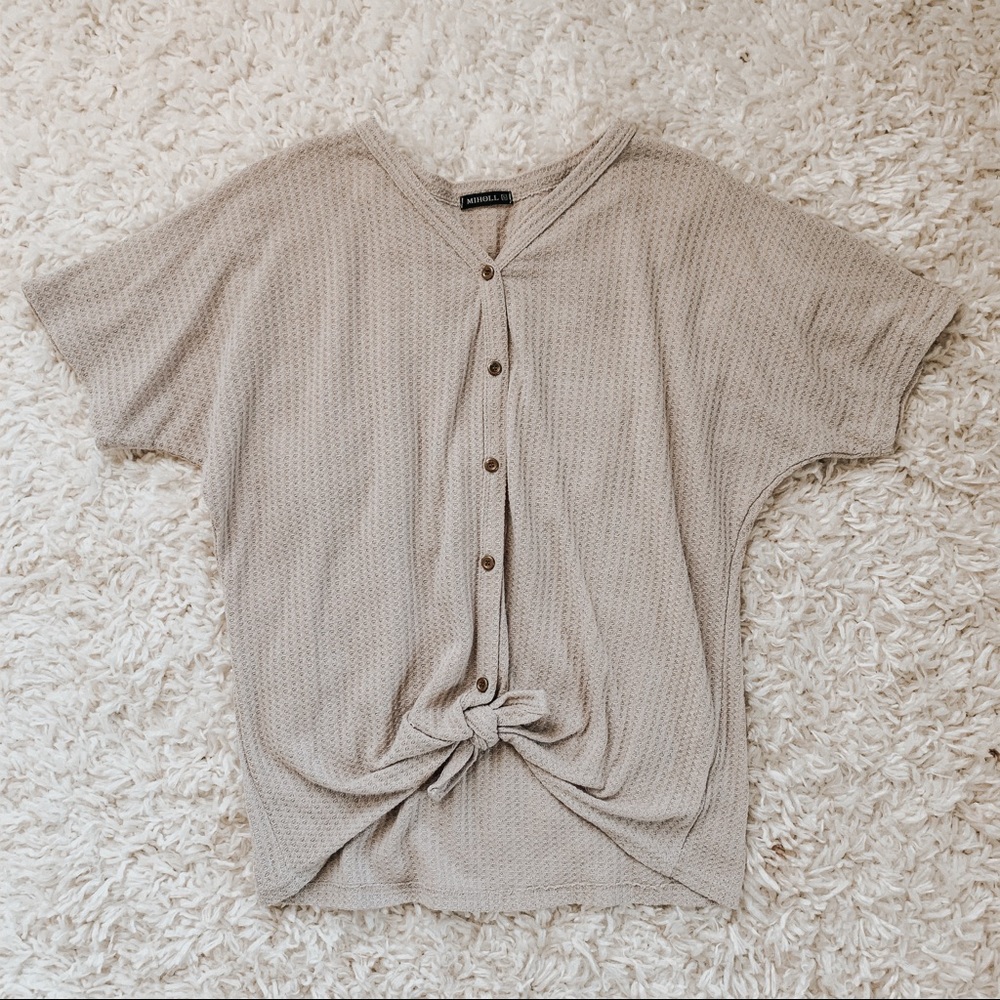 Waffle knit tie-front top
